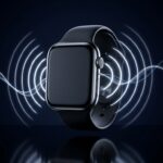 A dark smartwatch emitting neon white sound waves in a navy void