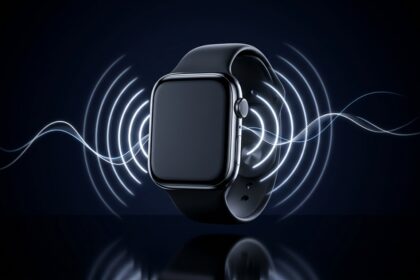 A dark smartwatch emitting neon white sound waves in a navy void