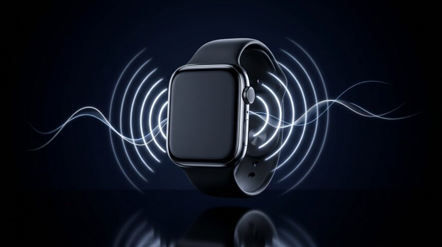A dark smartwatch emitting neon white sound waves in a navy void