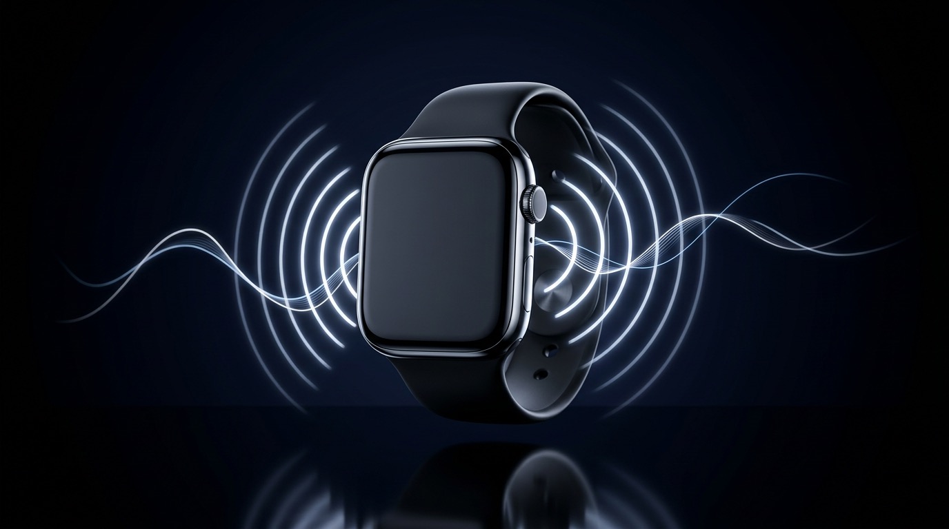 A dark smartwatch emitting neon white sound waves in a navy void