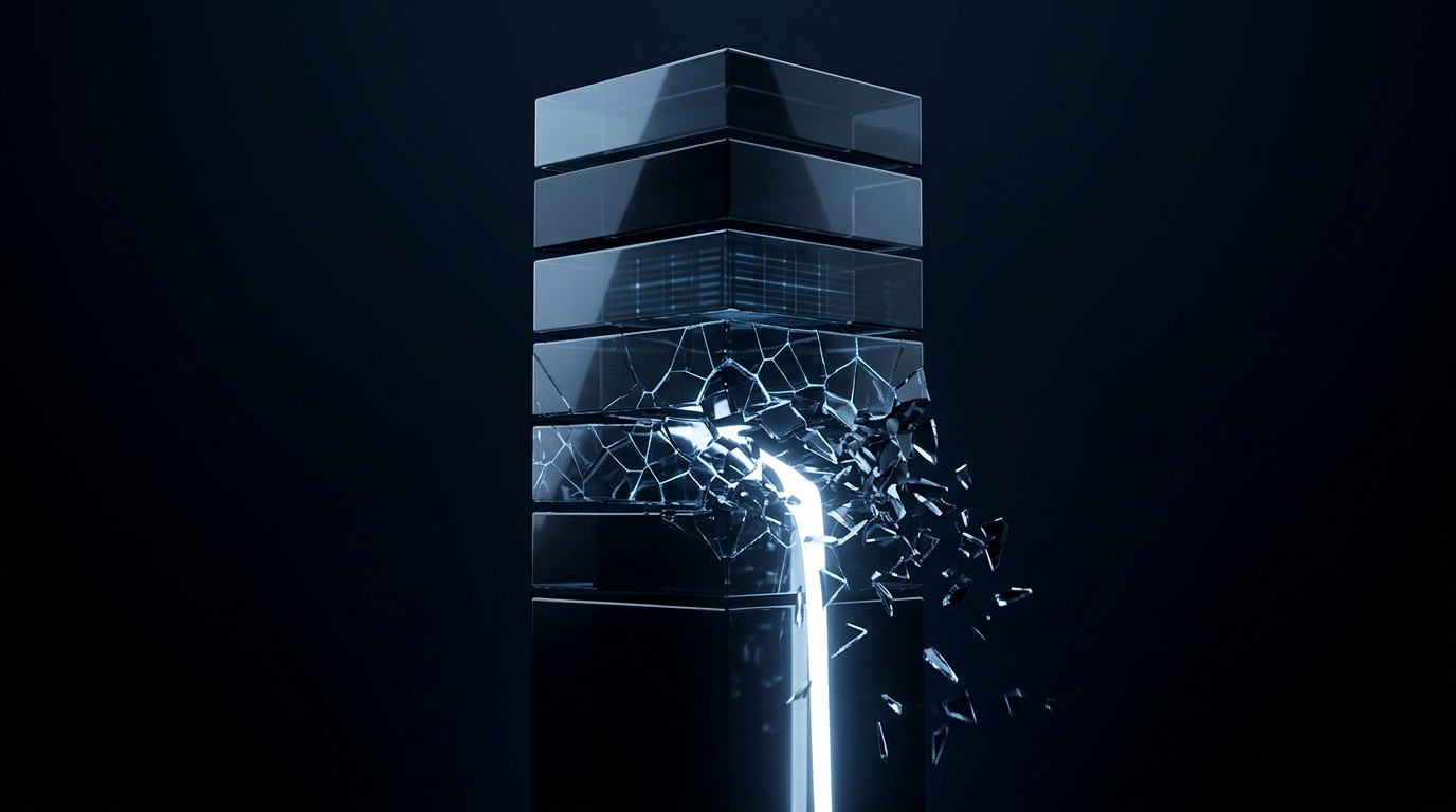A stack of dark glass blocks with one fracturing and leaking white light